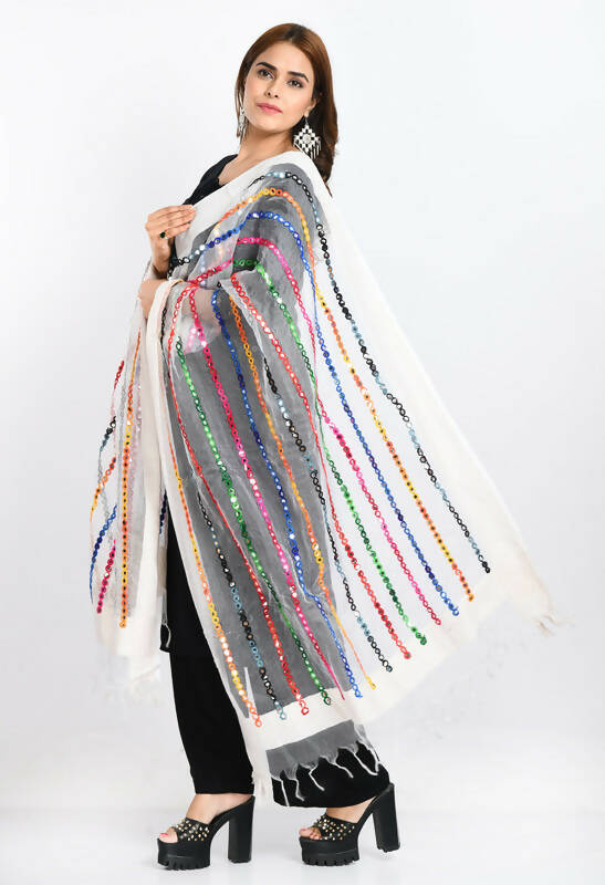White Organza Dupatta with Multi-Thread Mirror Work