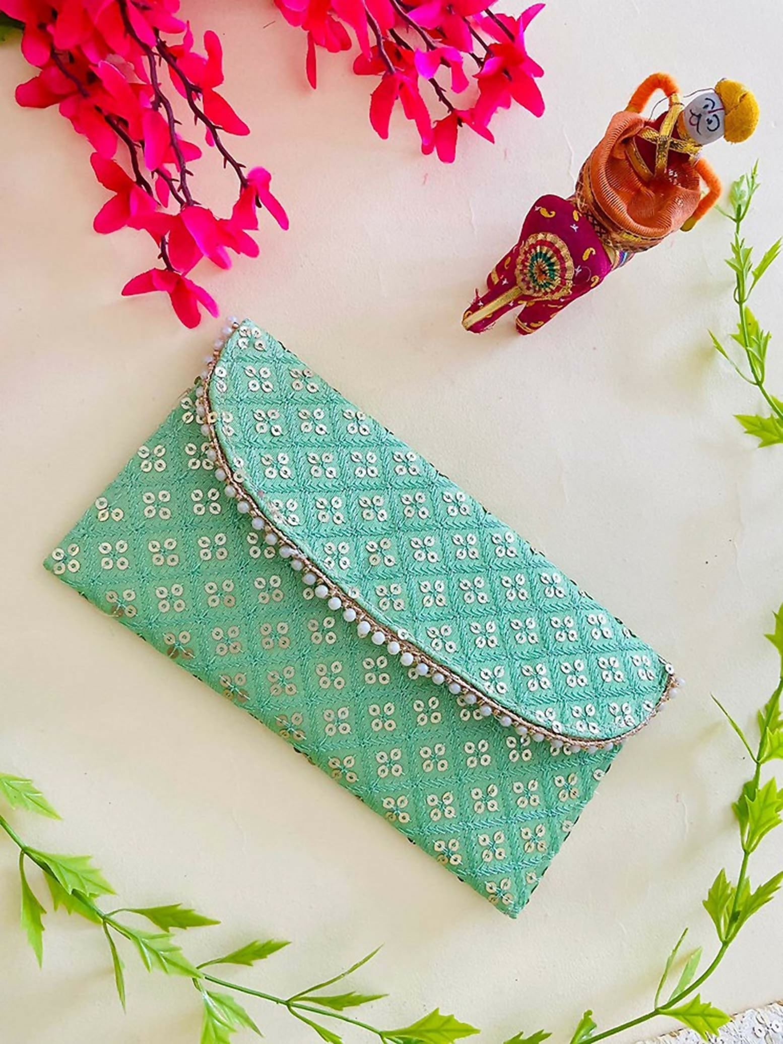 Green synthetic bridal clutch bag, 8x4 inch rectangular wedding purse