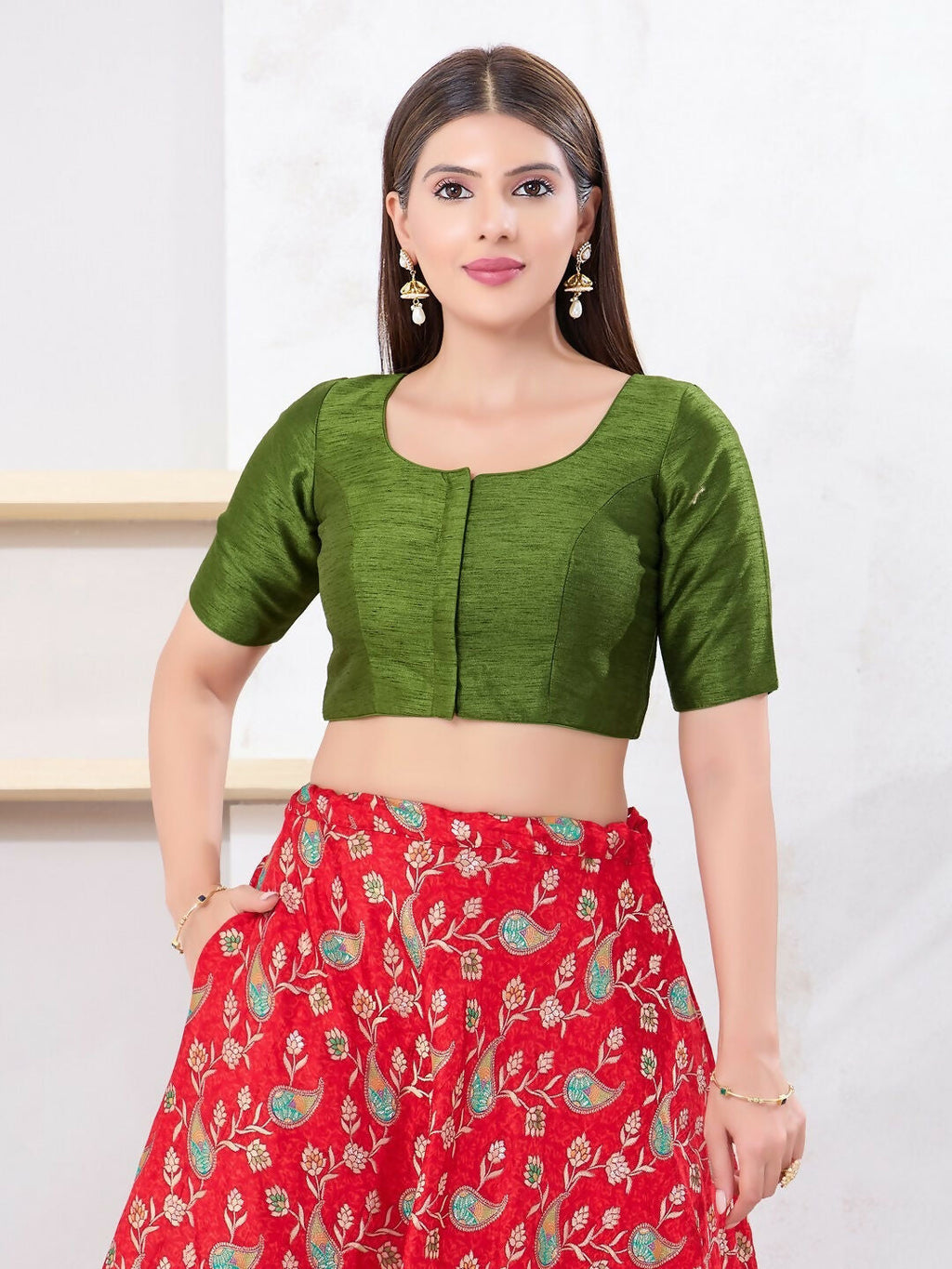 Mehendi-Green Dupion Silk sleeveless front open blouse