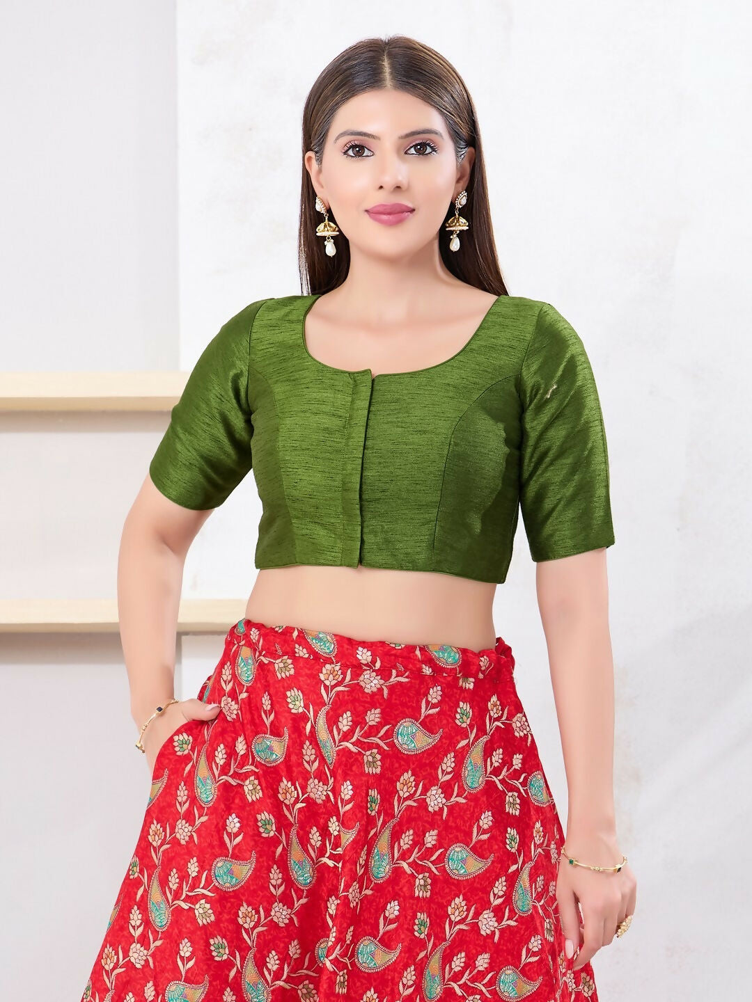 Mehendi-Green Dupion Silk sleeveless front open blouse