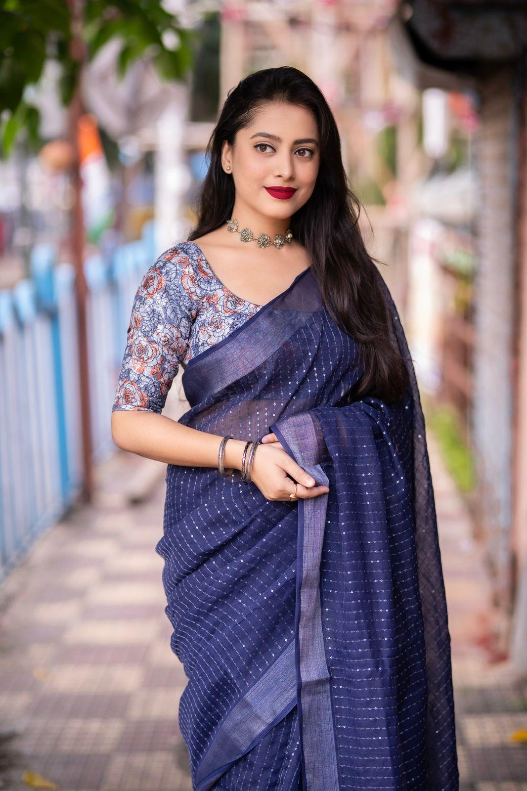 Blue Linen Sequence Saree with Unstitched Blouse - Hiral Fashion