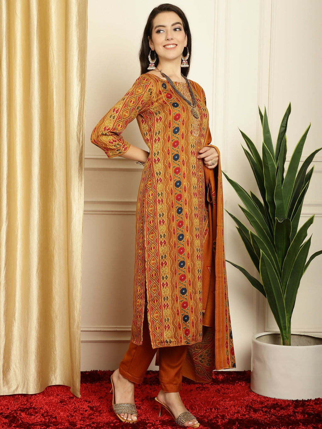 Women's Mustard Pashmina Floral Digital Printed Kurta Set