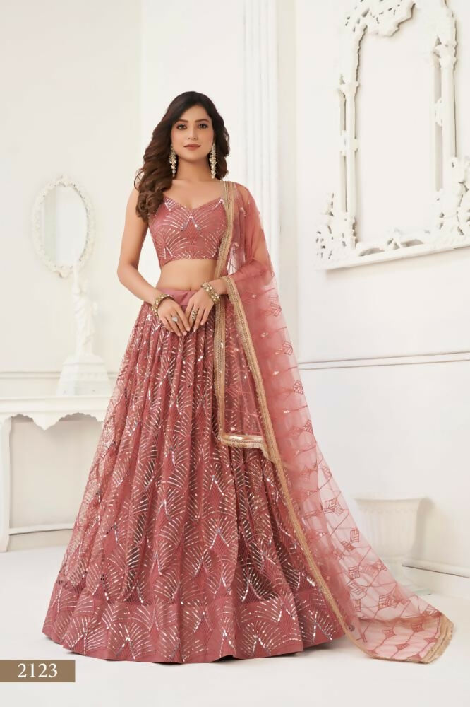 Dusty Onion Pink Butterfly Net lehenga with mirror and sequence work embroidery.