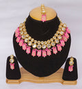 Pink Kundan work necklace set with gold-plated finish and adjustable cord for traditional events