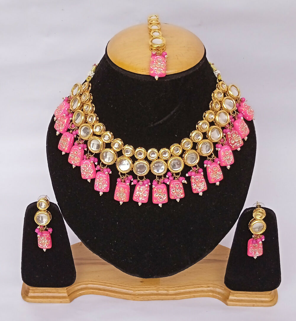Pink Kundan work necklace set with gold-plated finish and adjustable cord for traditional events