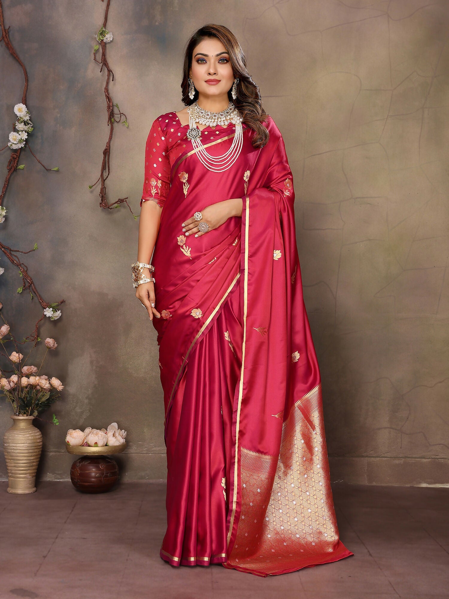 Red satin silk Banarasi saree with floral and botanical patterns