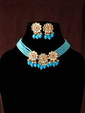 Sky blue beaded and pearl necklace set with gold-polished finish for women