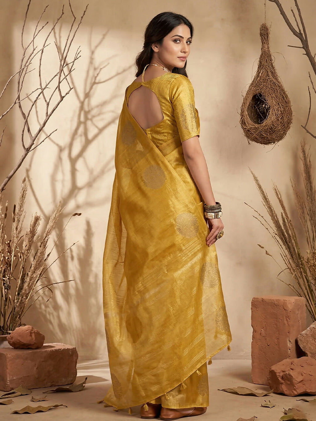 Yellow Tissue Silk Saree with Matching Blouse Piece