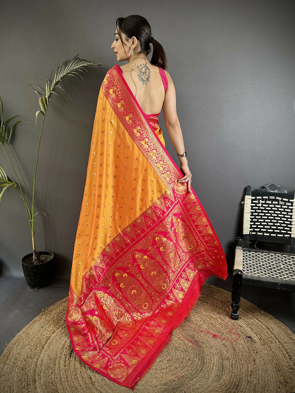 Orange Soft Silk Banarasi Saree with Intricate Motifs
