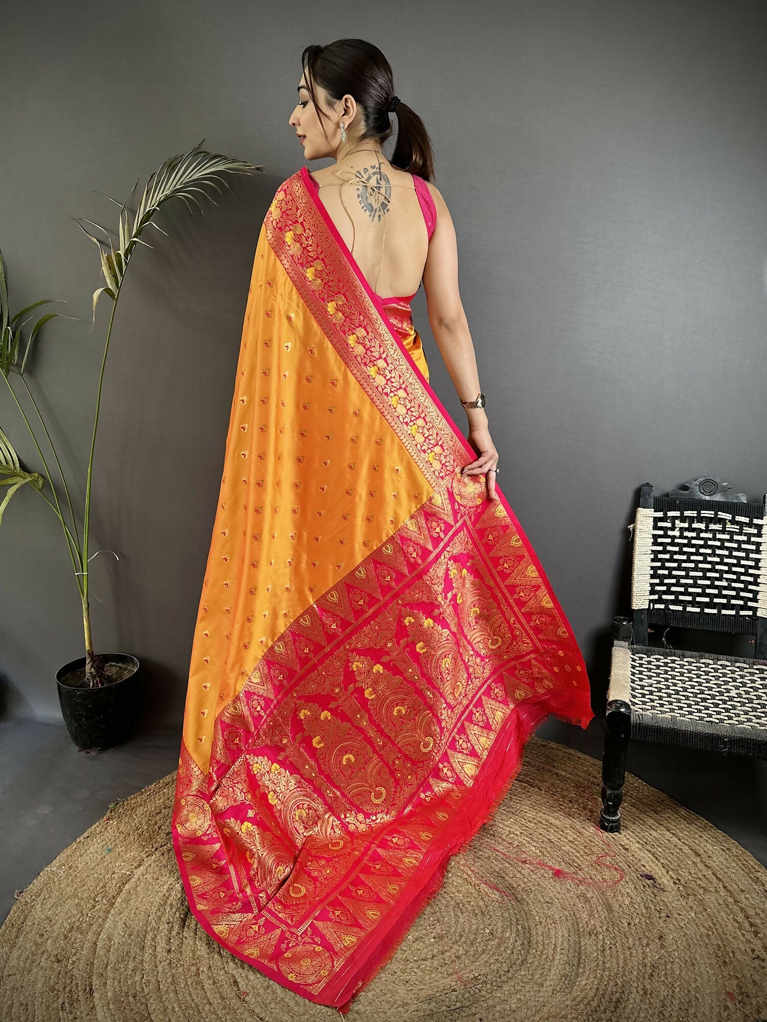 Orange Soft Silk Banarasi Saree with Intricate Motifs
