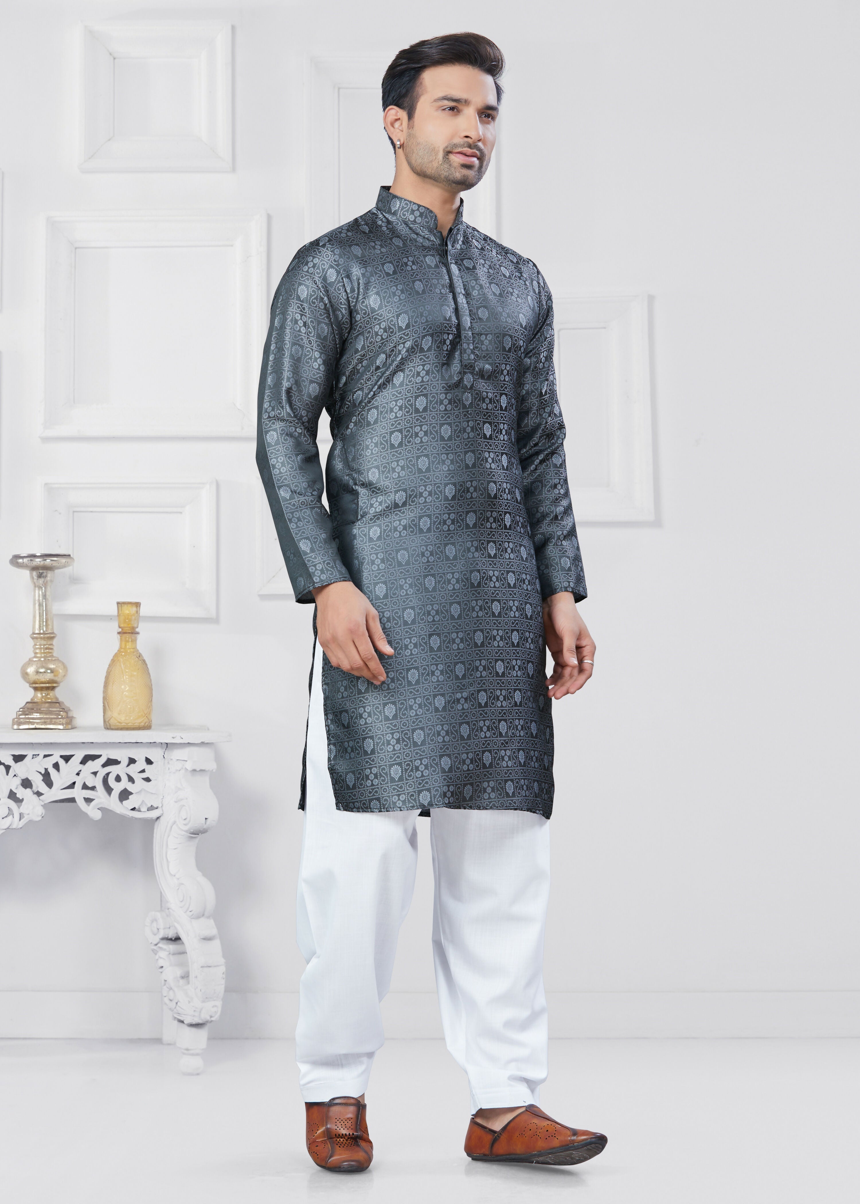 Men's Grey Jacquard Silk Kurta Pyjama Set - Traditional Ethnic Wear