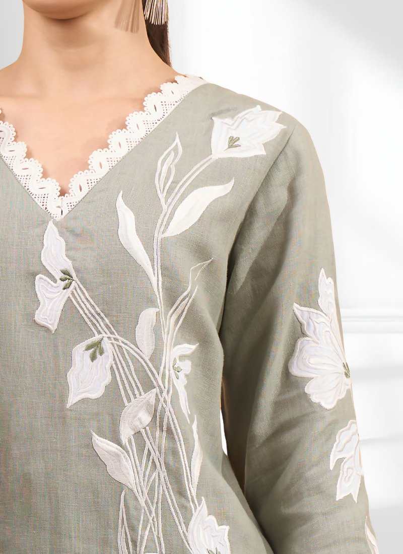 Gray Embroidered Linen Long Kurta with Matching Pants Set