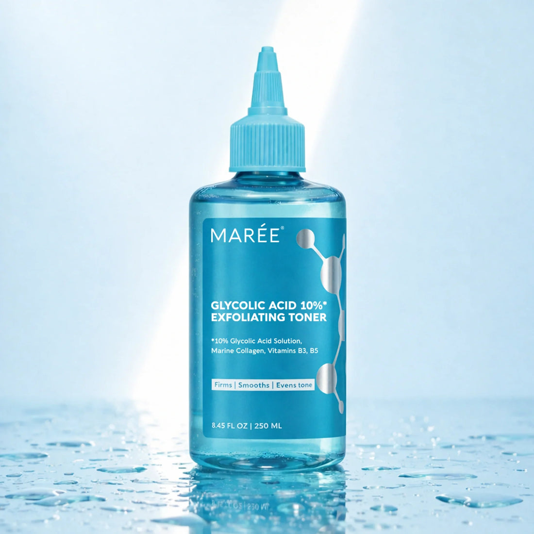 Blue bottle of Marée 10% Glycolic Acid Exfoliating Toner on a water-reflective surface