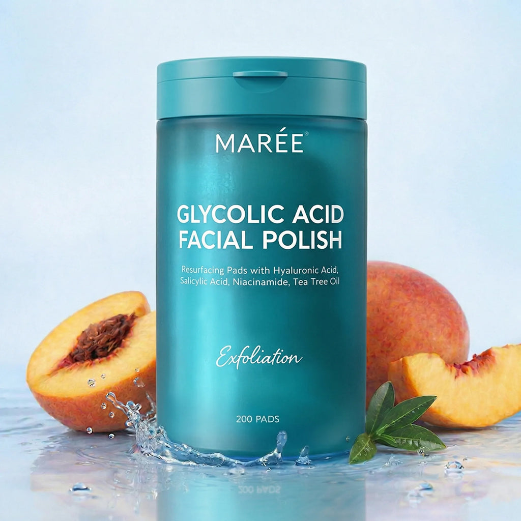 A jar of 200 Marée Glycolic Acid Facial Polish resurfacing toner pads with hyaluronic, salicylic, and niacinamide.