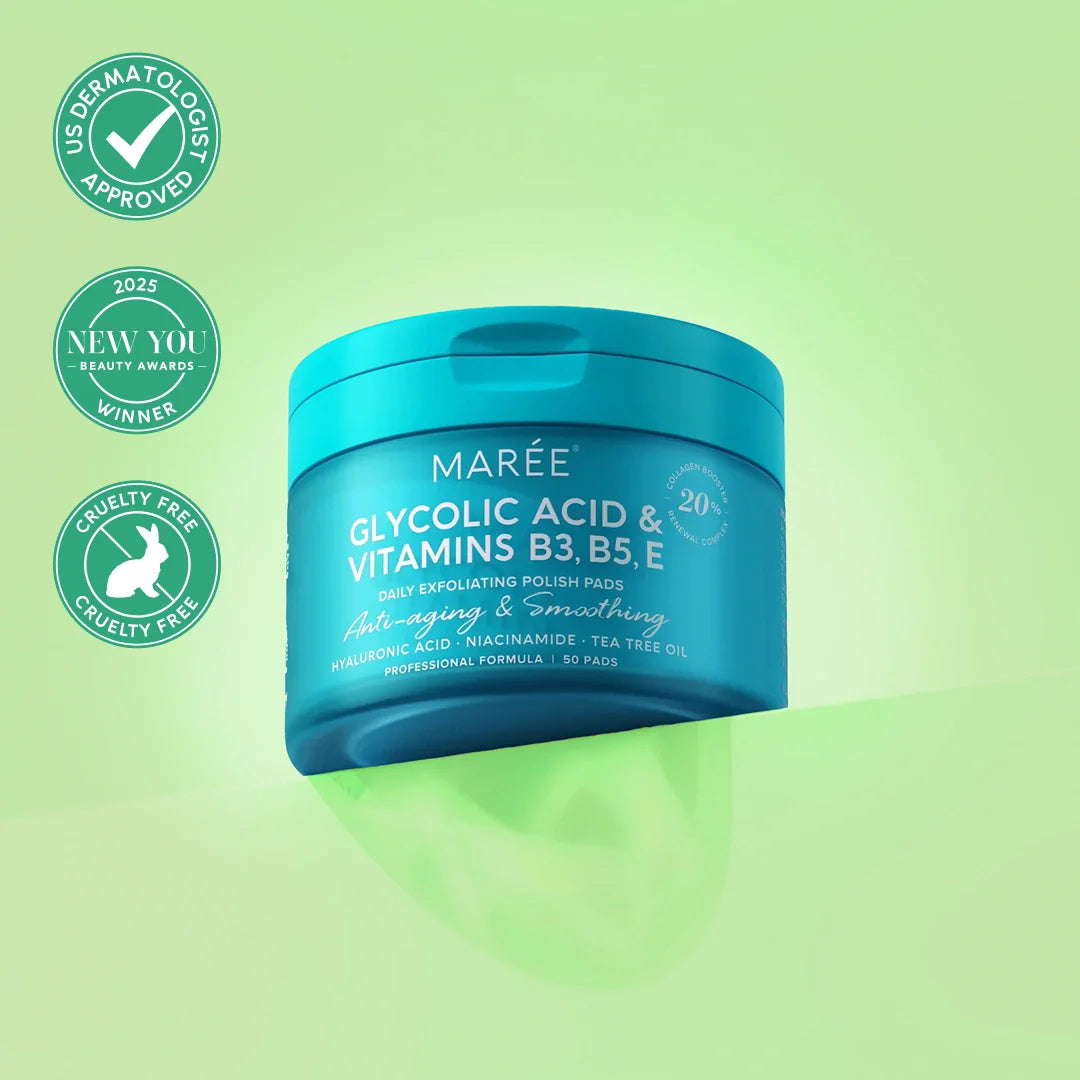 A jar of Marée Glycolic Acid & Vitamins B3, B5, E exfoliating pads with clinical benefit callouts