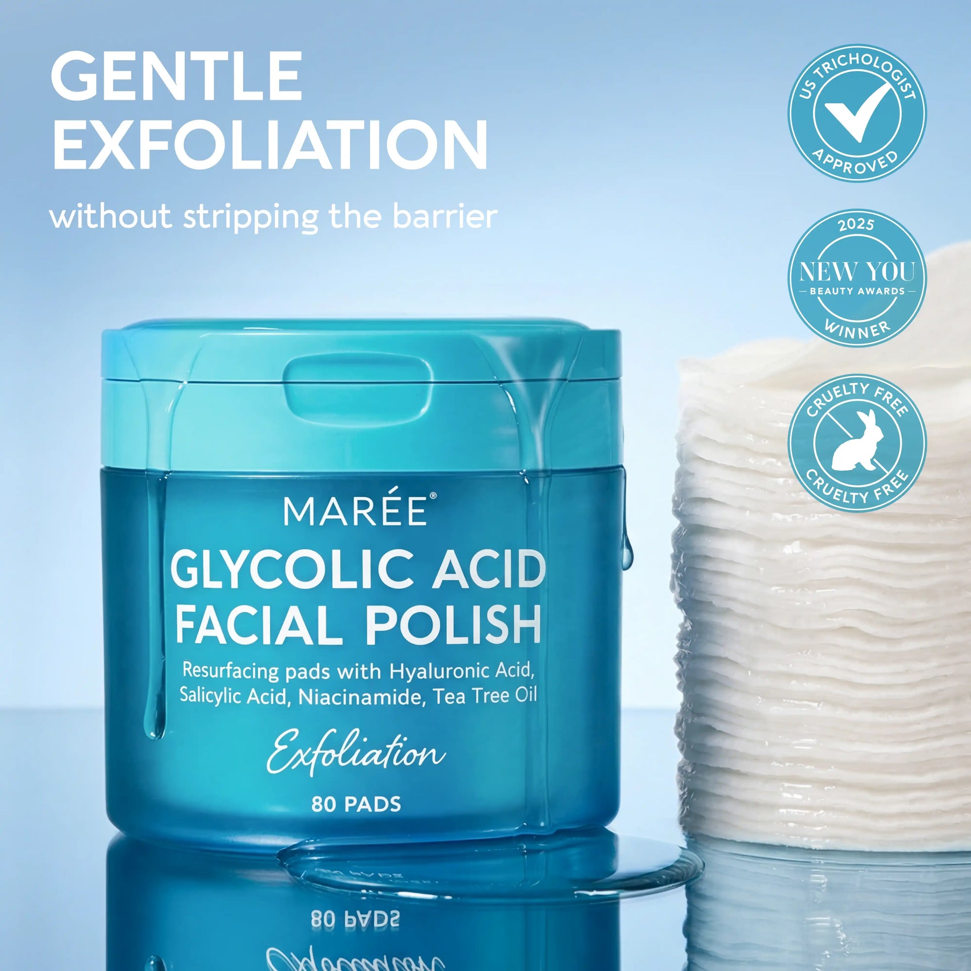 A container of 80 Glycolic Acid Facial Polish pads with active ingredients listed including Hyaluronic Acid, Salicylic Acid, Niacinamide, and Tea Tree Oil.