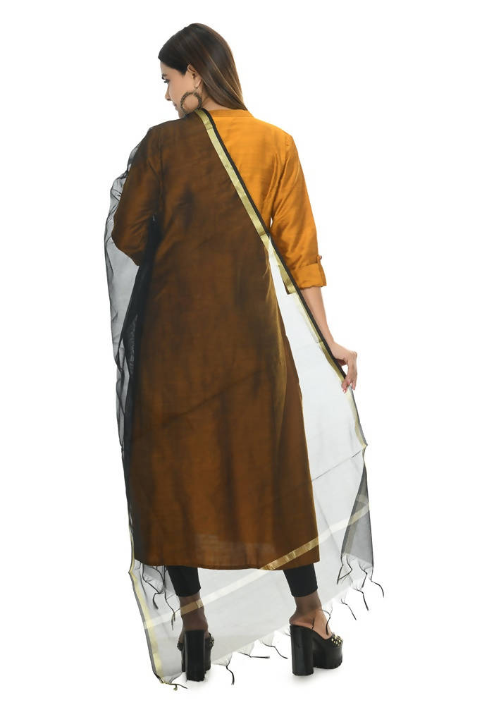 Black Chanderi Banarsi Piping Dupatta - Traditional Ethnic Accessory