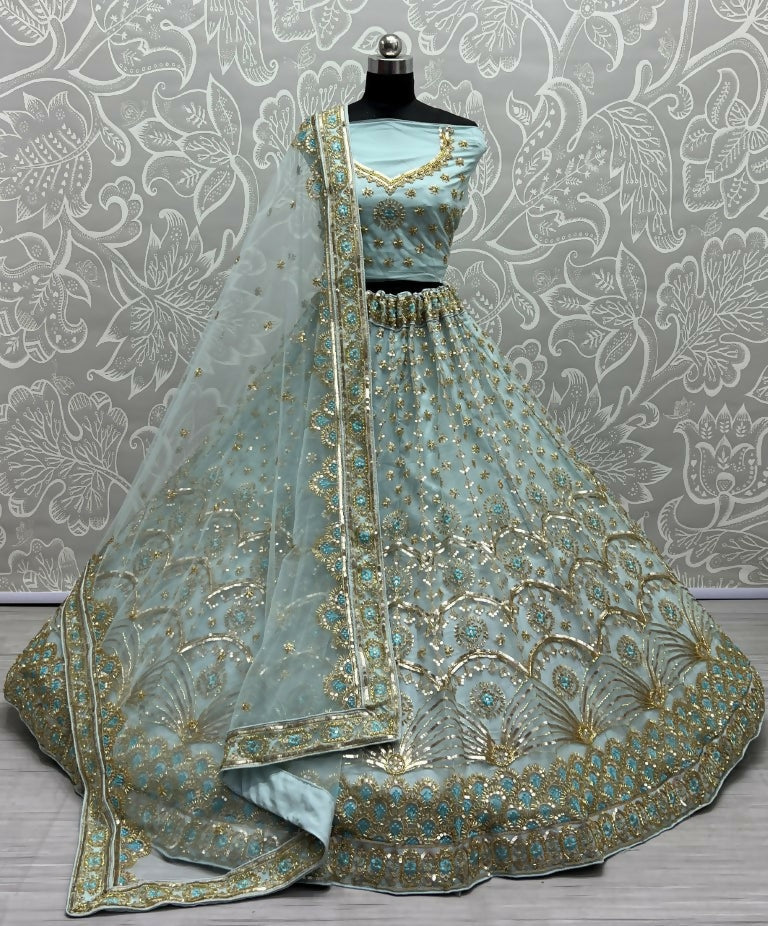 Sky Blue Bridal Net Lehenga with sequins and handwork