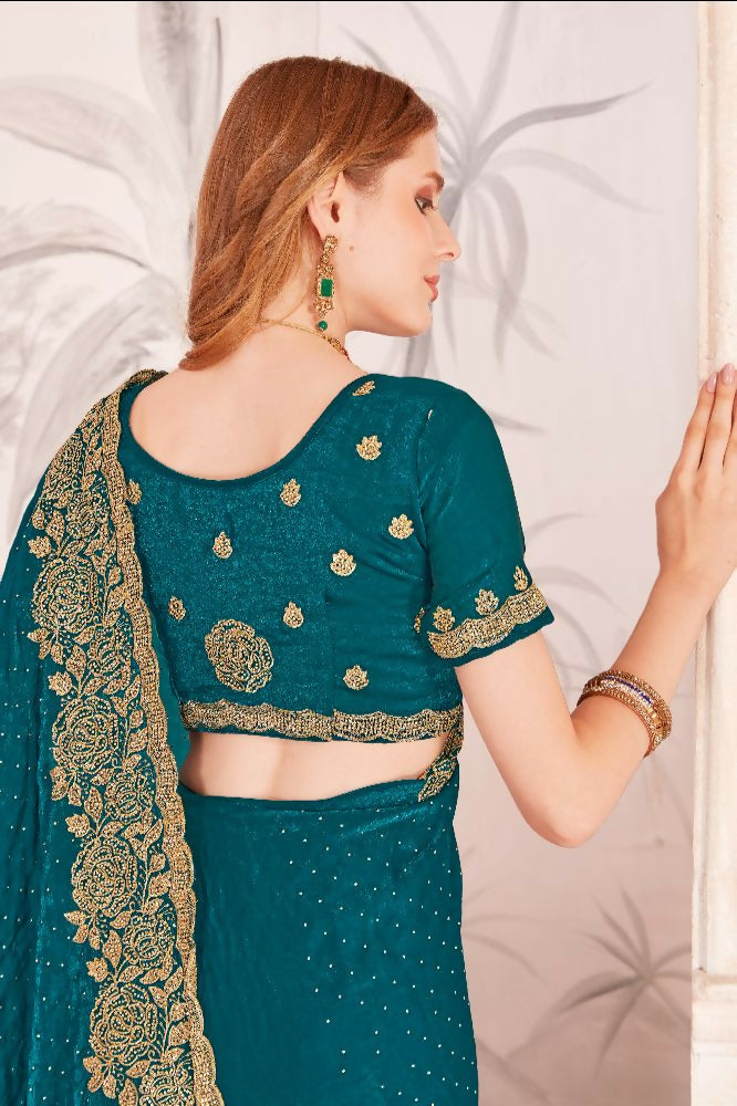 Morpeach Fendi Two Tone Silk Saree with Zari, Resham & Zircon Work