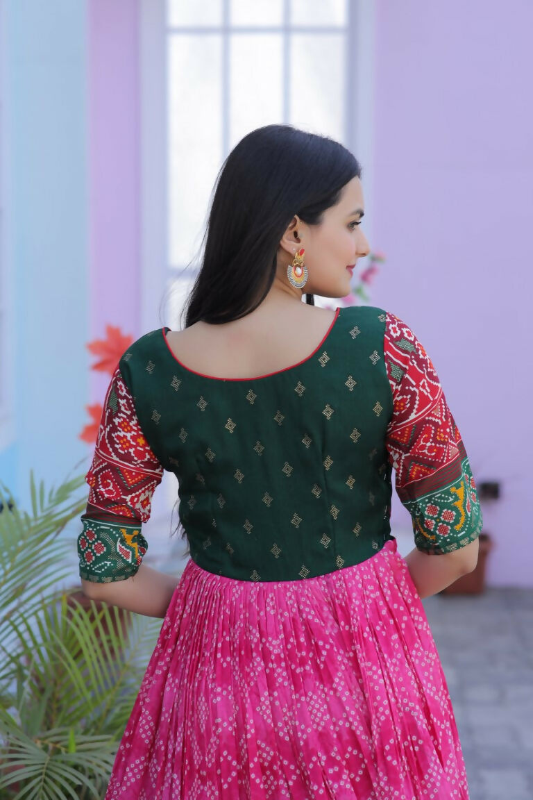 Pink Patola Foil Print Dola Silk Anarkali Dress for Women