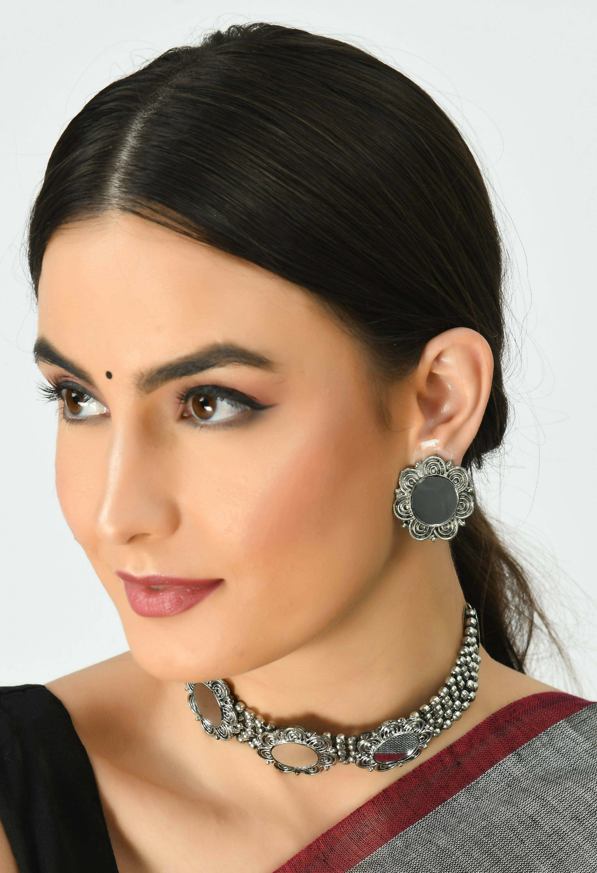 Oxidised Silver-Plated Mirror Work Choker Necklace Set