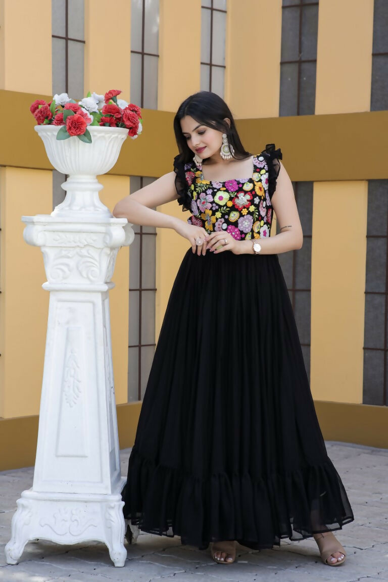 Black Floral Sequins Thread Embroidered Faux Blooming Anarkali