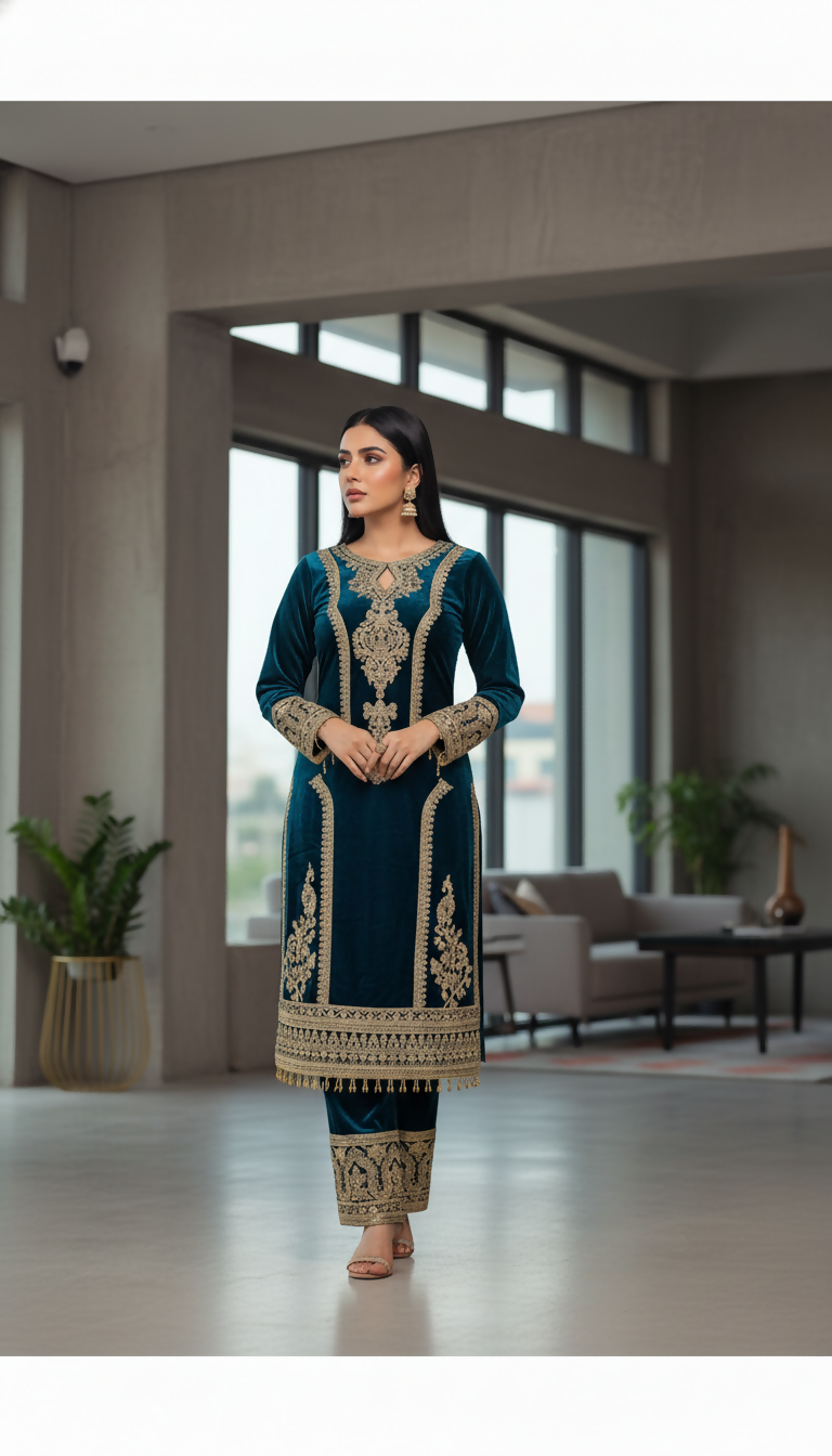 Teal Velvet Embroidery Sequence Work Readymade Kurta Set