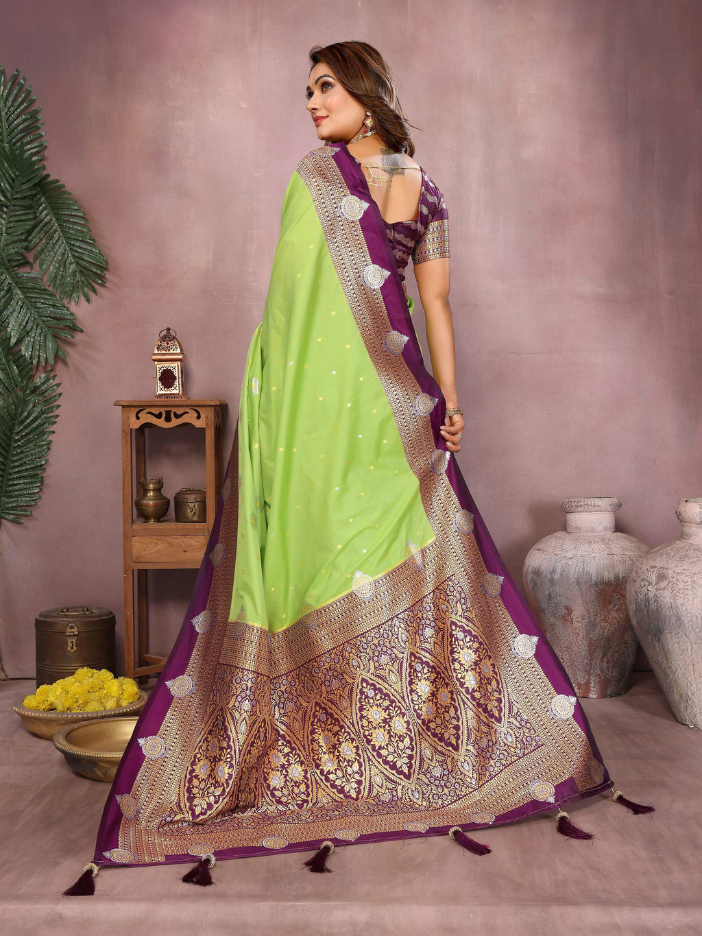 Parrot Green Silk Saree with Traditional Weaving