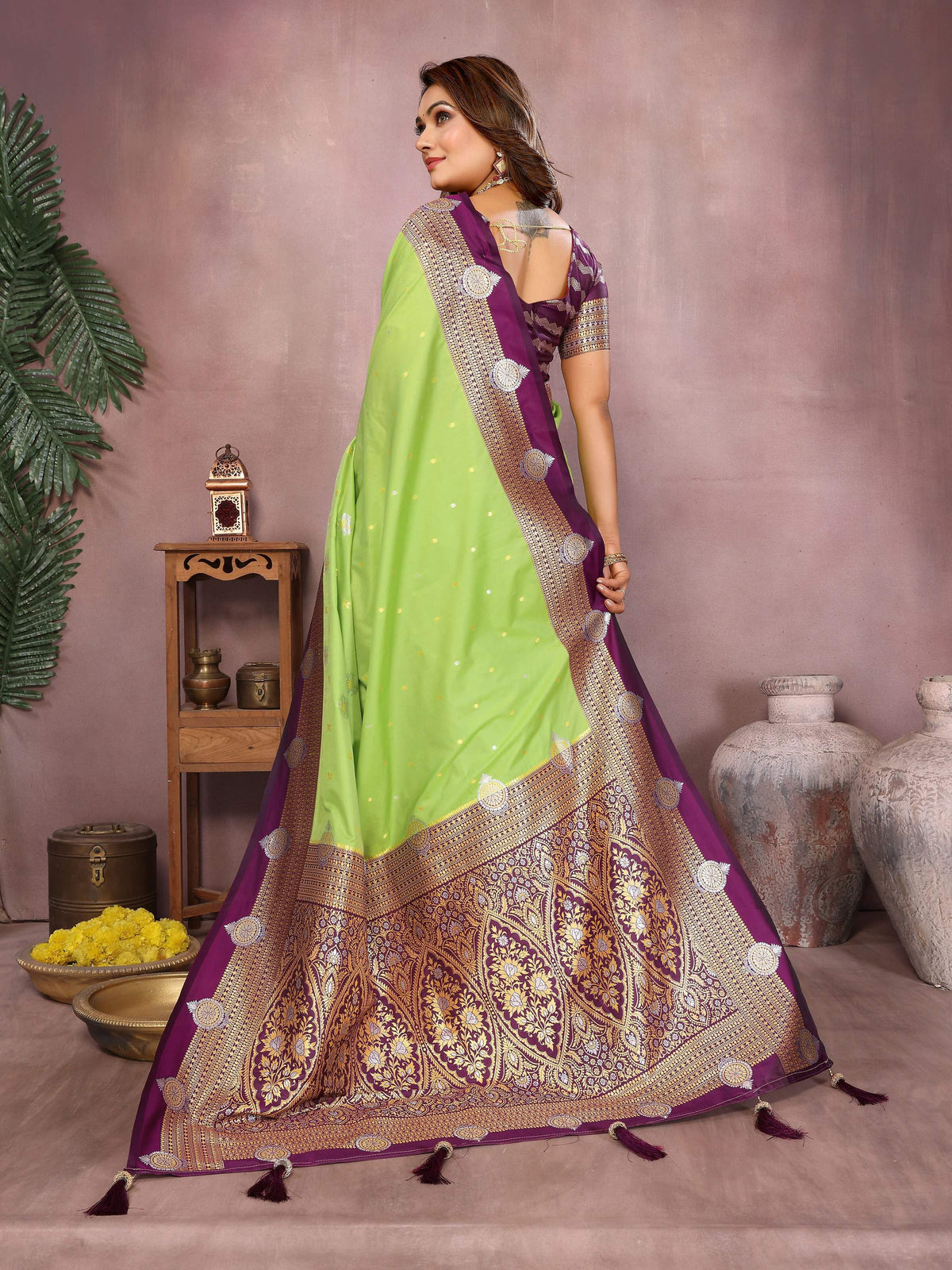 Parrot Green Silk Saree with Traditional Weaving