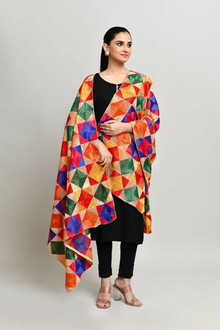 Multi Color Phulkari Cotton Dupatta with Geometric Embroidery
