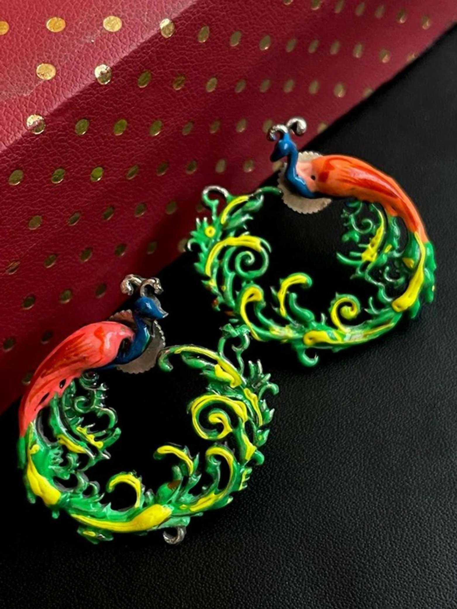 Hand painted multicolored peacock oxidized brass stud earrings