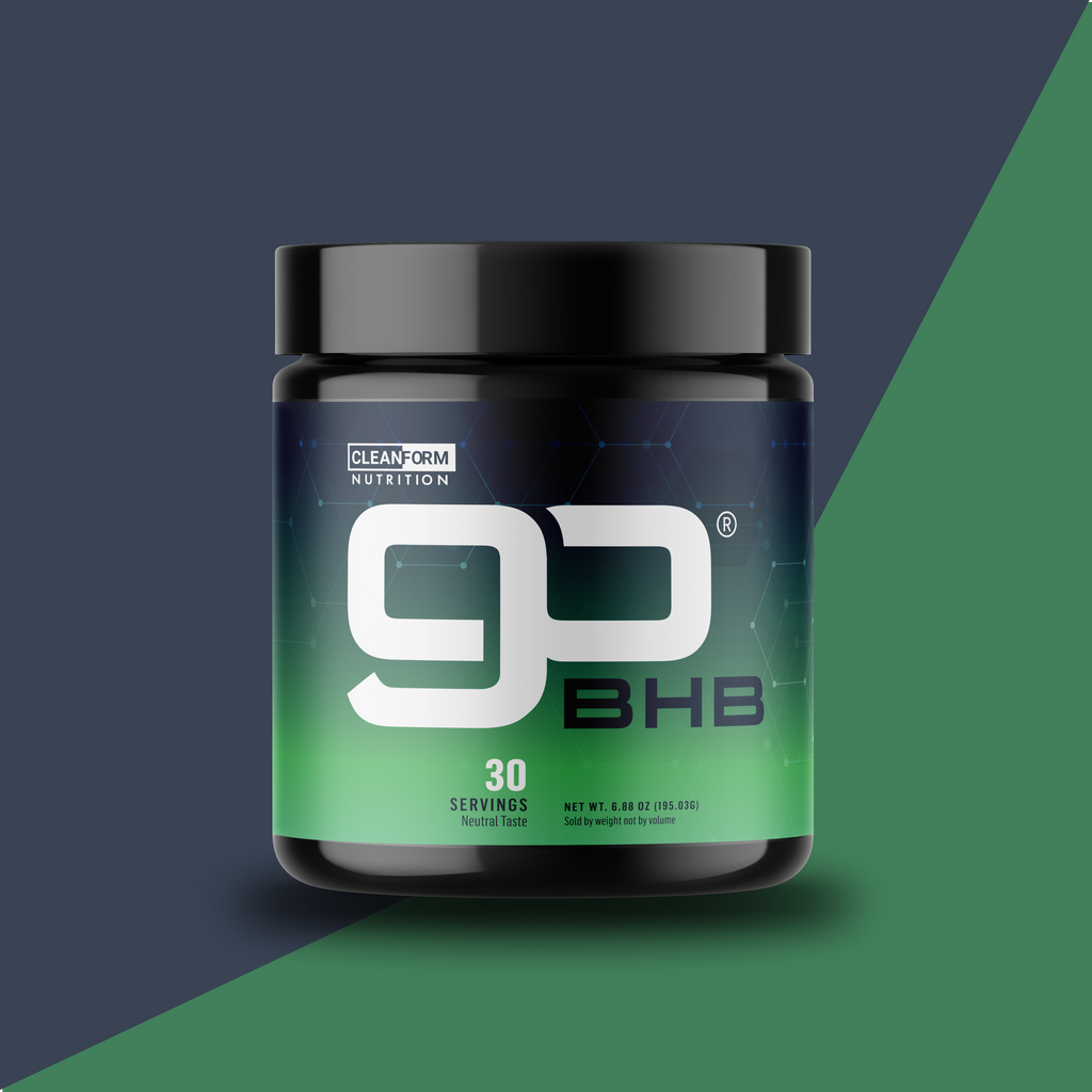 CleanForm Nutrition goBHB ketone supplement tub showing supplement facts and health benefits.