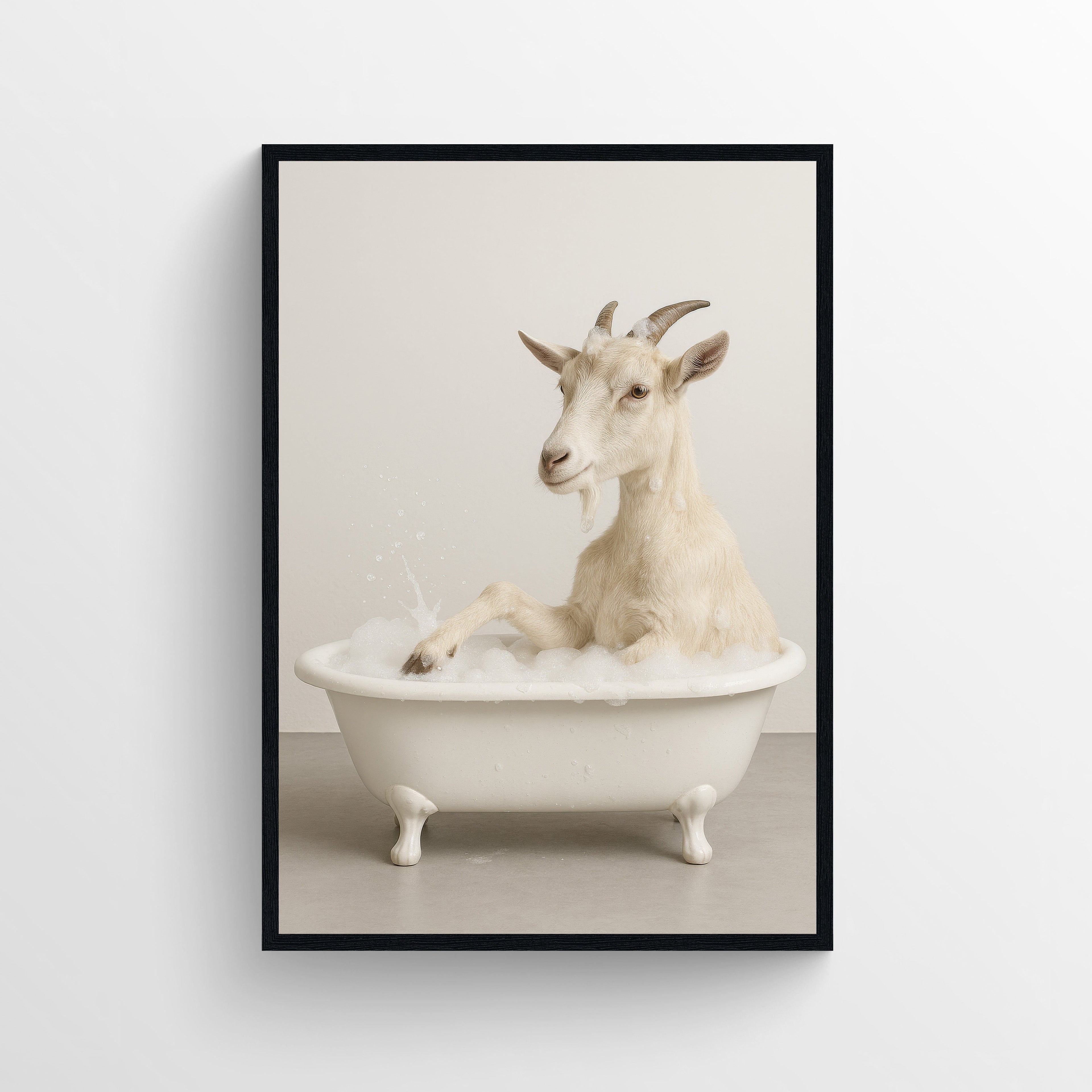 A humorous photorealistic art print of a goat sitting in a white clawfoot bathtub, suitable for bathroom wall decor.
