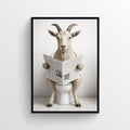 A funny, photorealistic poster of a goat sitting on a toilet reading a newspaper.