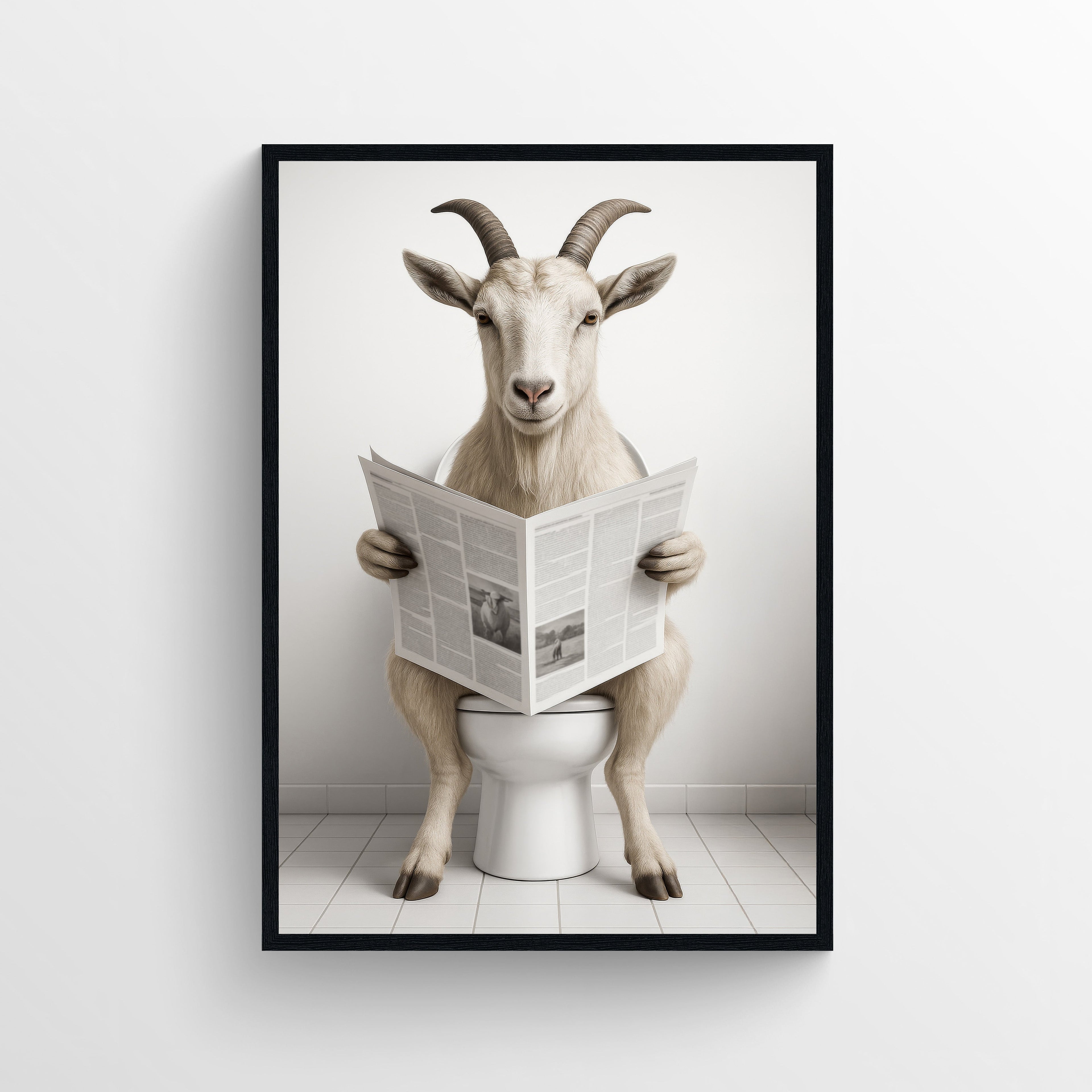 A funny, photorealistic poster of a goat sitting on a toilet reading a newspaper.