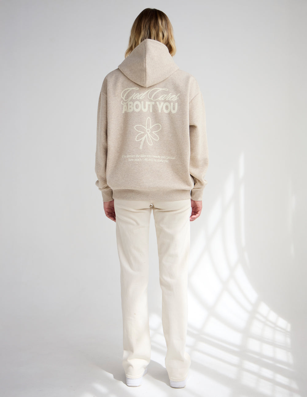 God Cares About You Unisex Hoodie in Beige and Cream