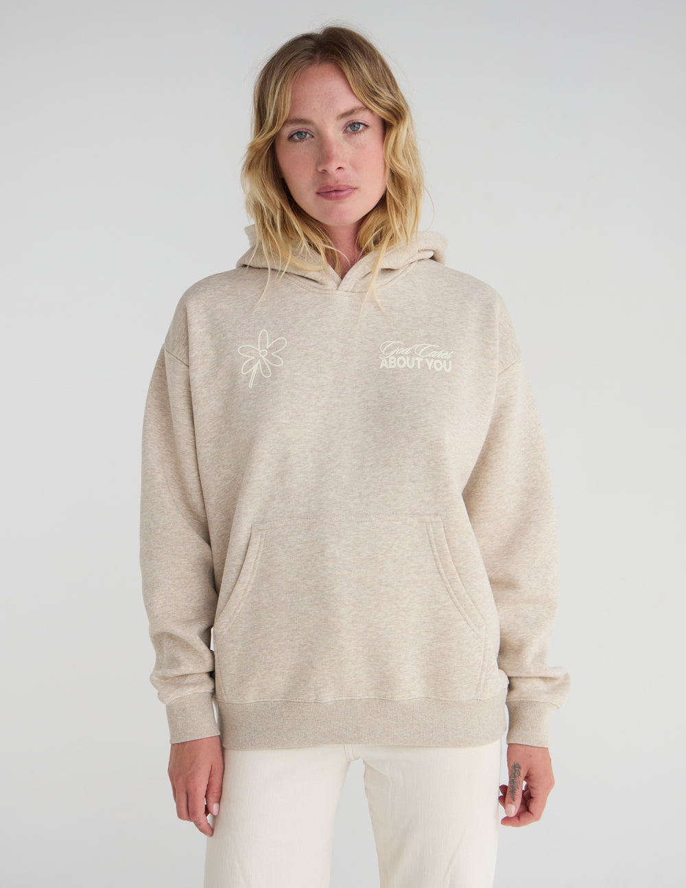 God Cares About You Unisex Hoodie in Beige and Cream