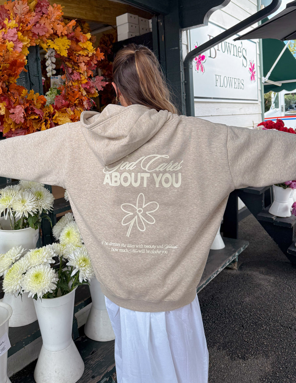 God Cares About You Unisex Hoodie in Beige and Cream