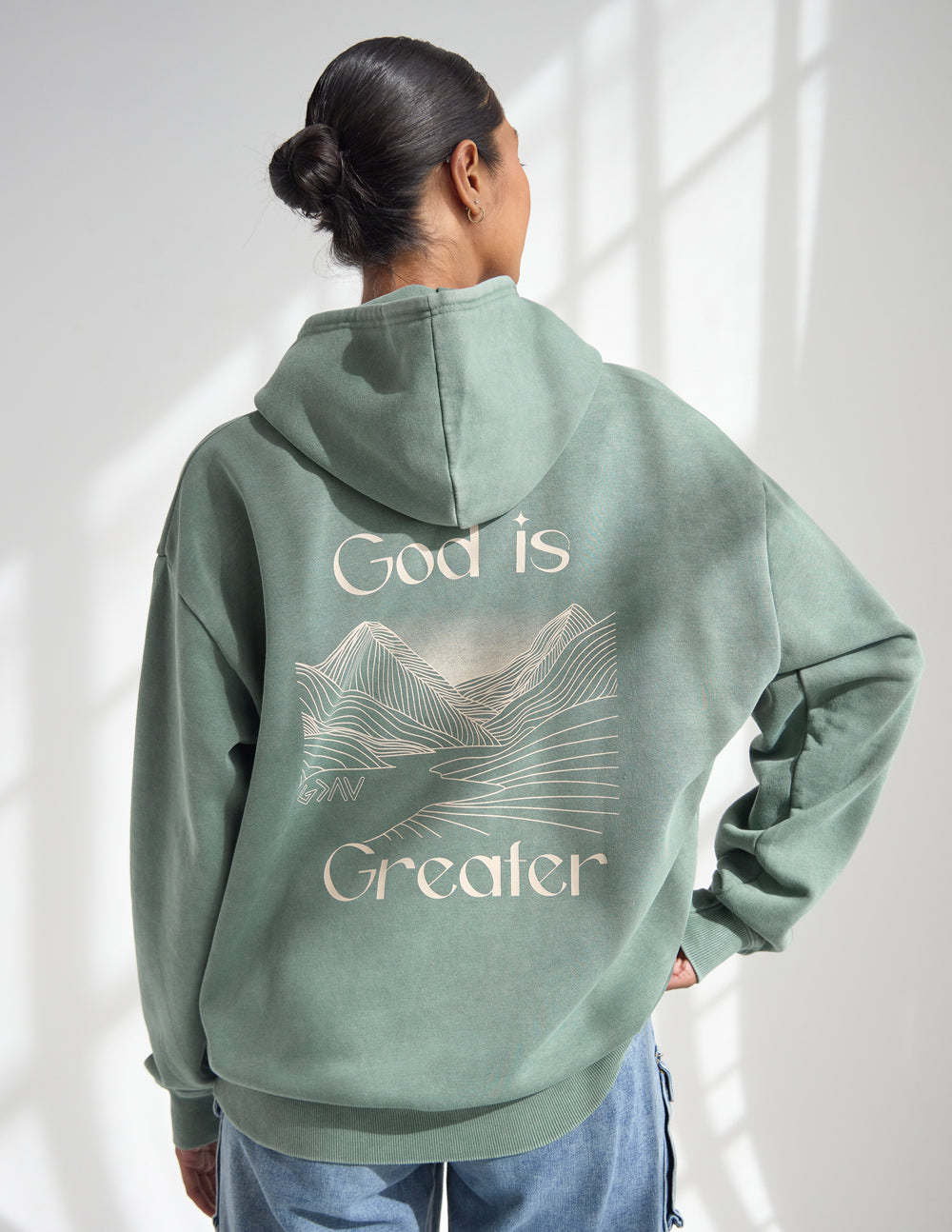 God Is Greater Unisex Hoodie in Moss - Heavyweight Embroidered