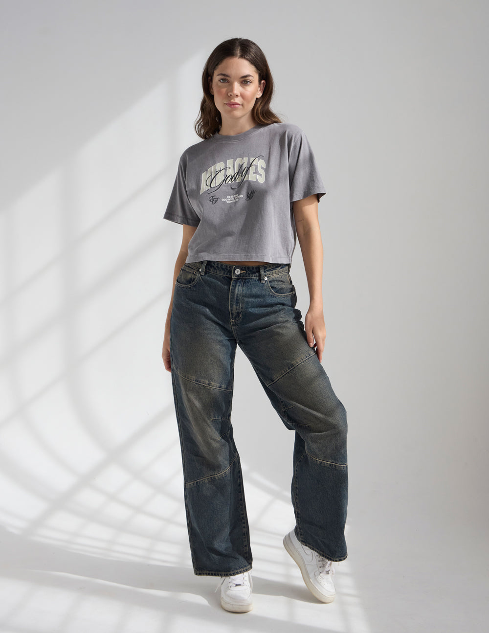 God of Miracles Cropped Women's Tee in Washed Charcoal Grey