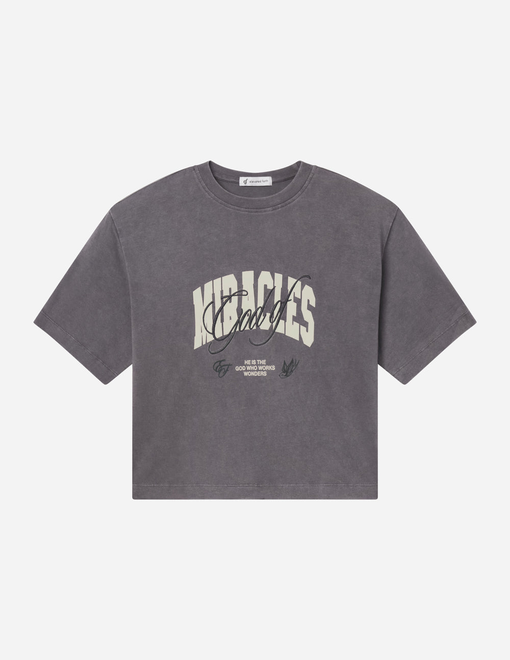 God of Miracles Cropped Women's Tee in Washed Charcoal Grey