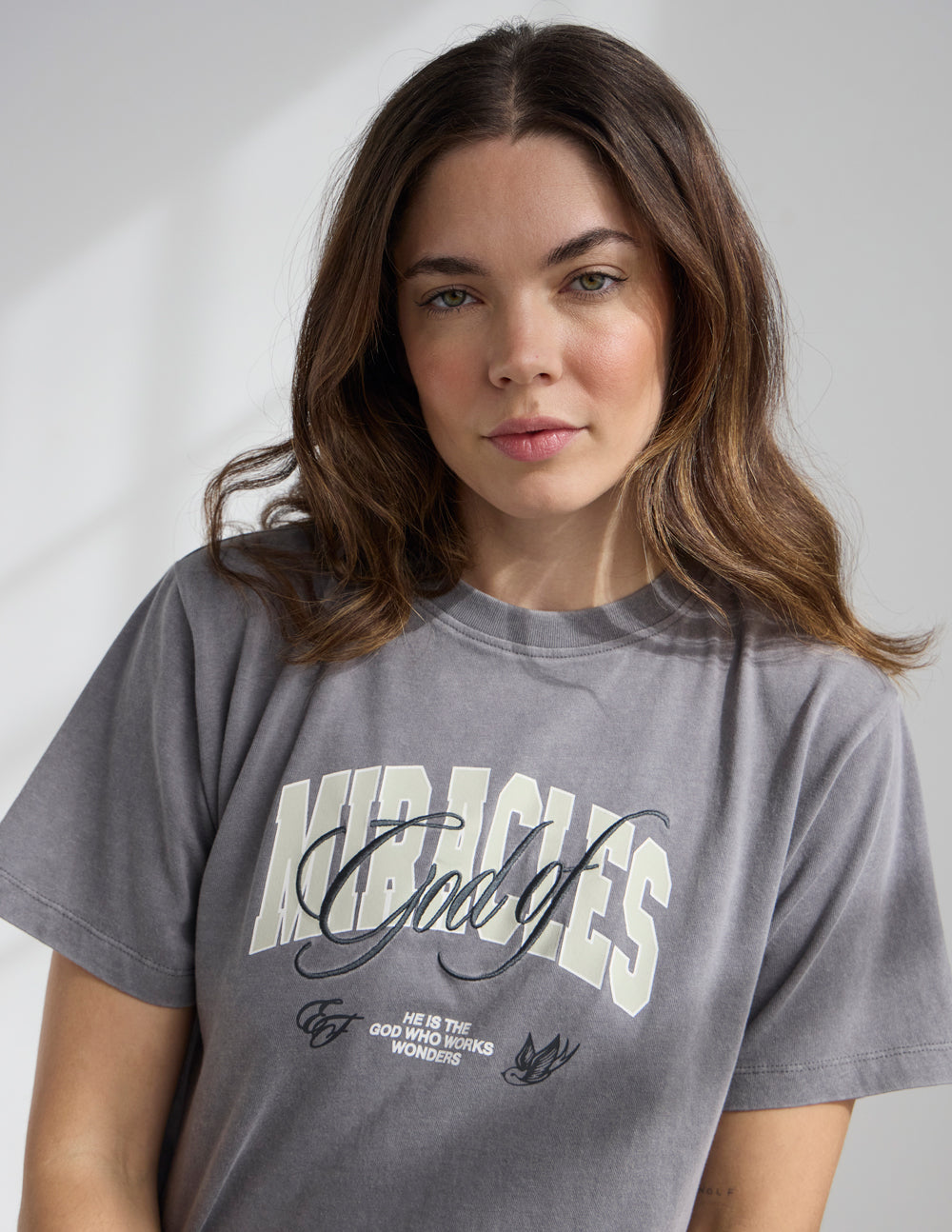 God of Miracles Cropped Women's Tee in Washed Charcoal Grey