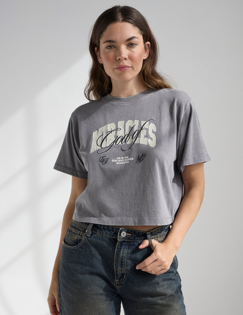 God of Miracles Cropped Women's Tee in Washed Charcoal Grey