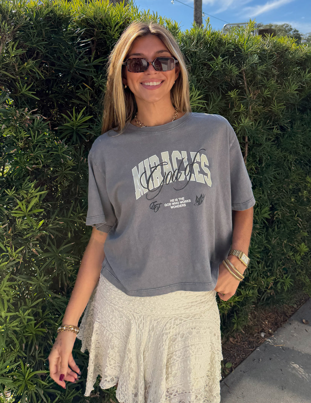 God of Miracles Cropped Women's Tee in Washed Charcoal Grey