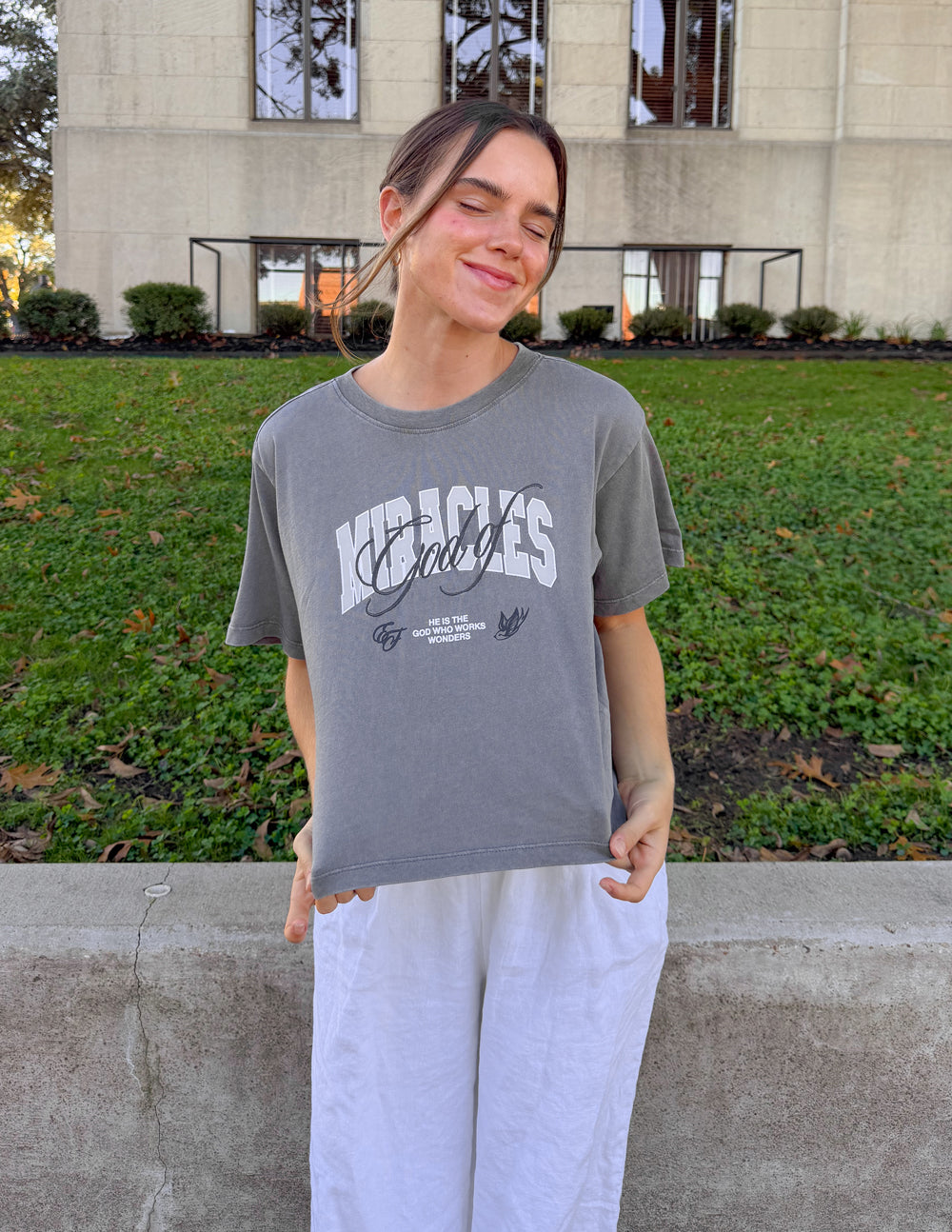 God of Miracles Cropped Women's Tee in Washed Charcoal Grey