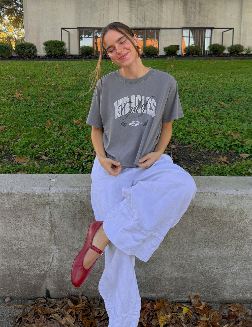 God of Miracles Cropped Women's Tee in Washed Charcoal Grey