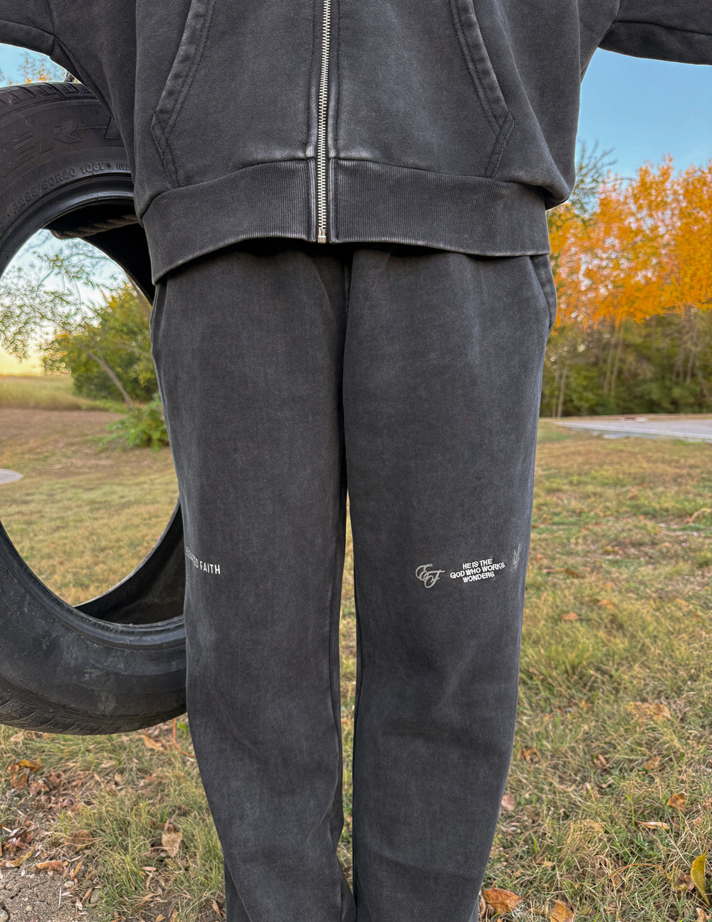 God of Miracles Wide Leg Sweatpants - Washed Charcoal Black