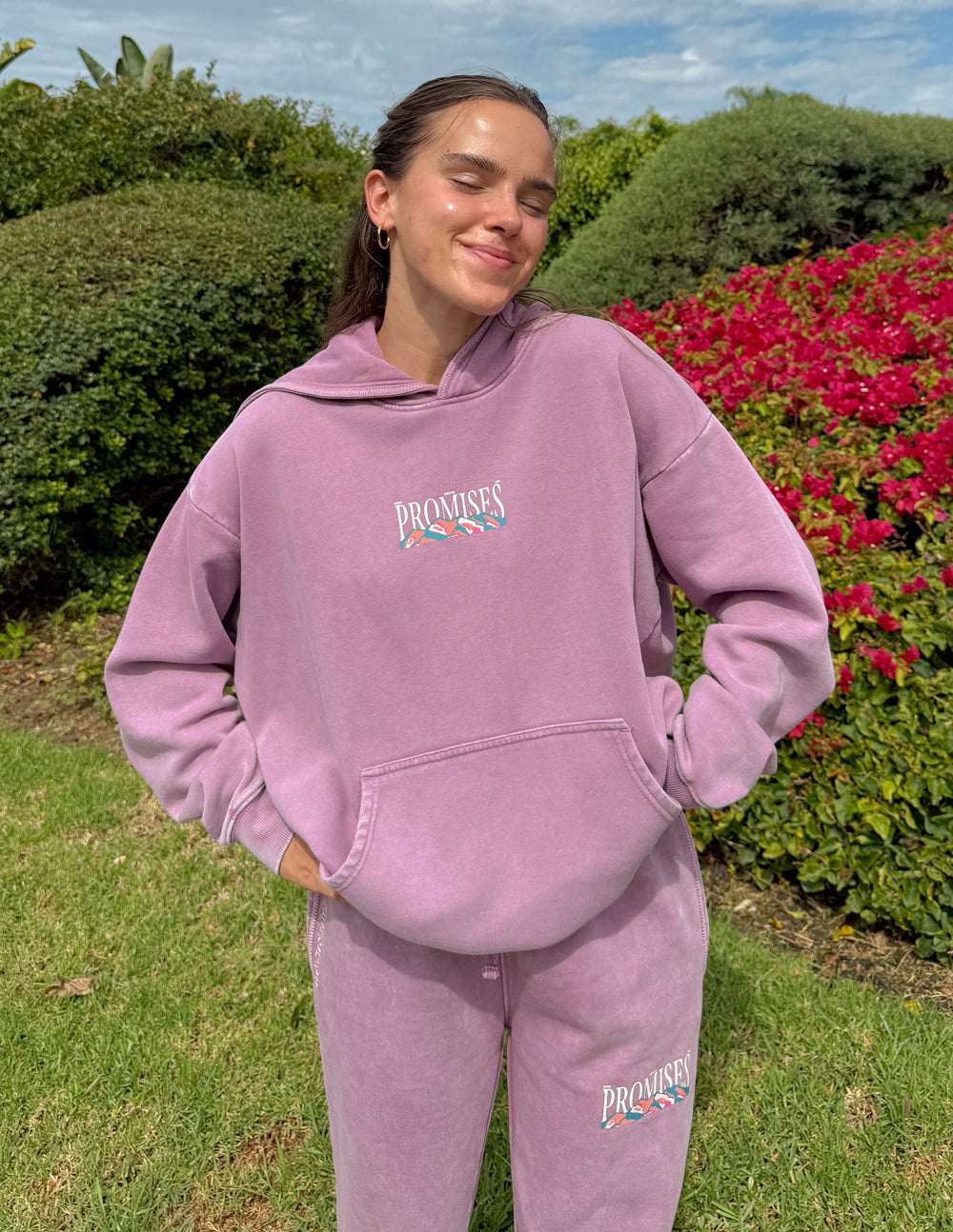 Purple and mauve knit unisex hoodie with God's Promises graphic