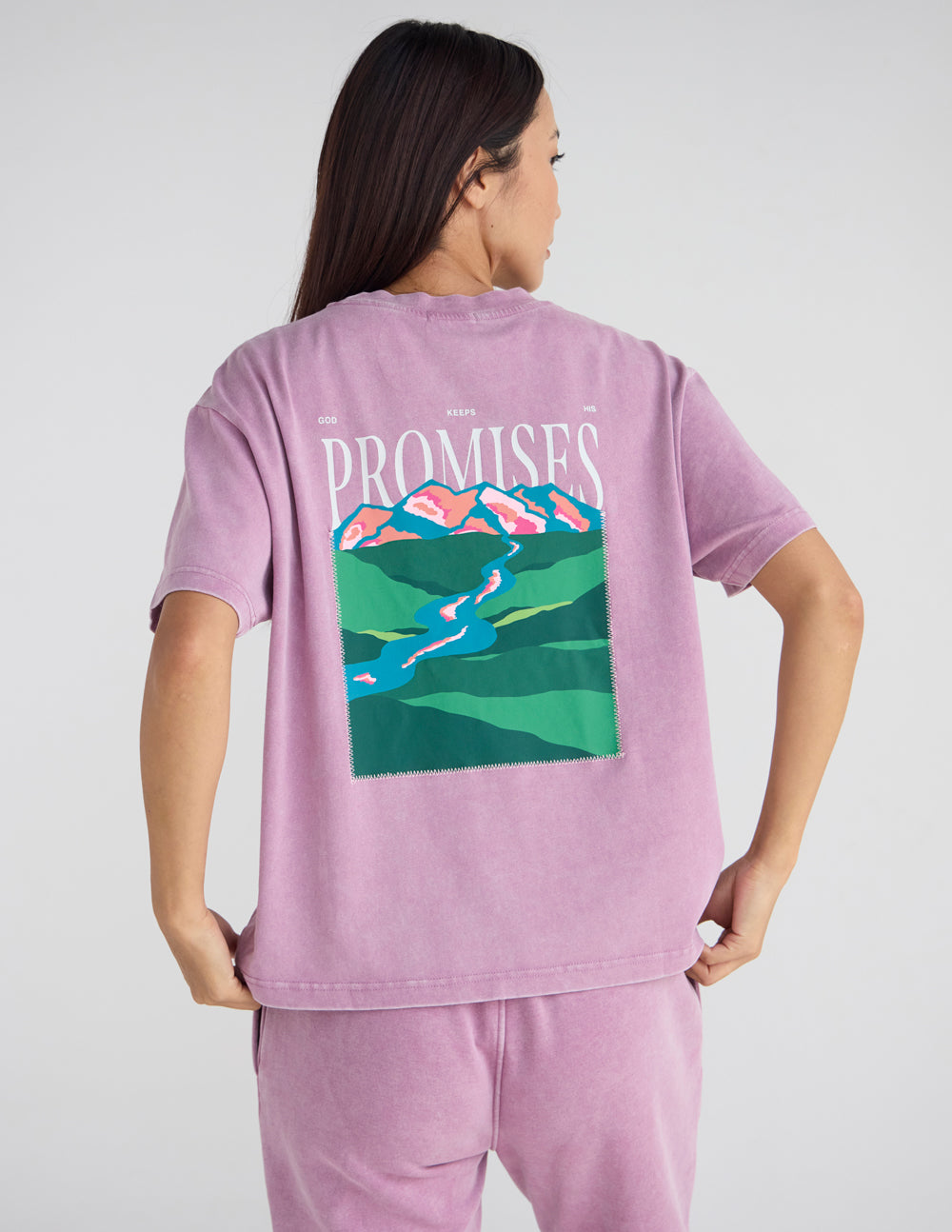 God's Promises scripture tee in purple and multi-color cotton