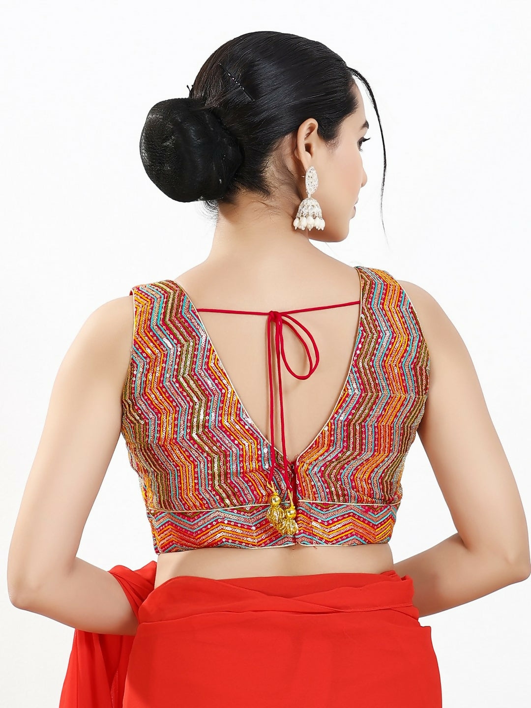 Joban Fashion Red Multi Silk Padded Blouse With V Neck Sleeveless